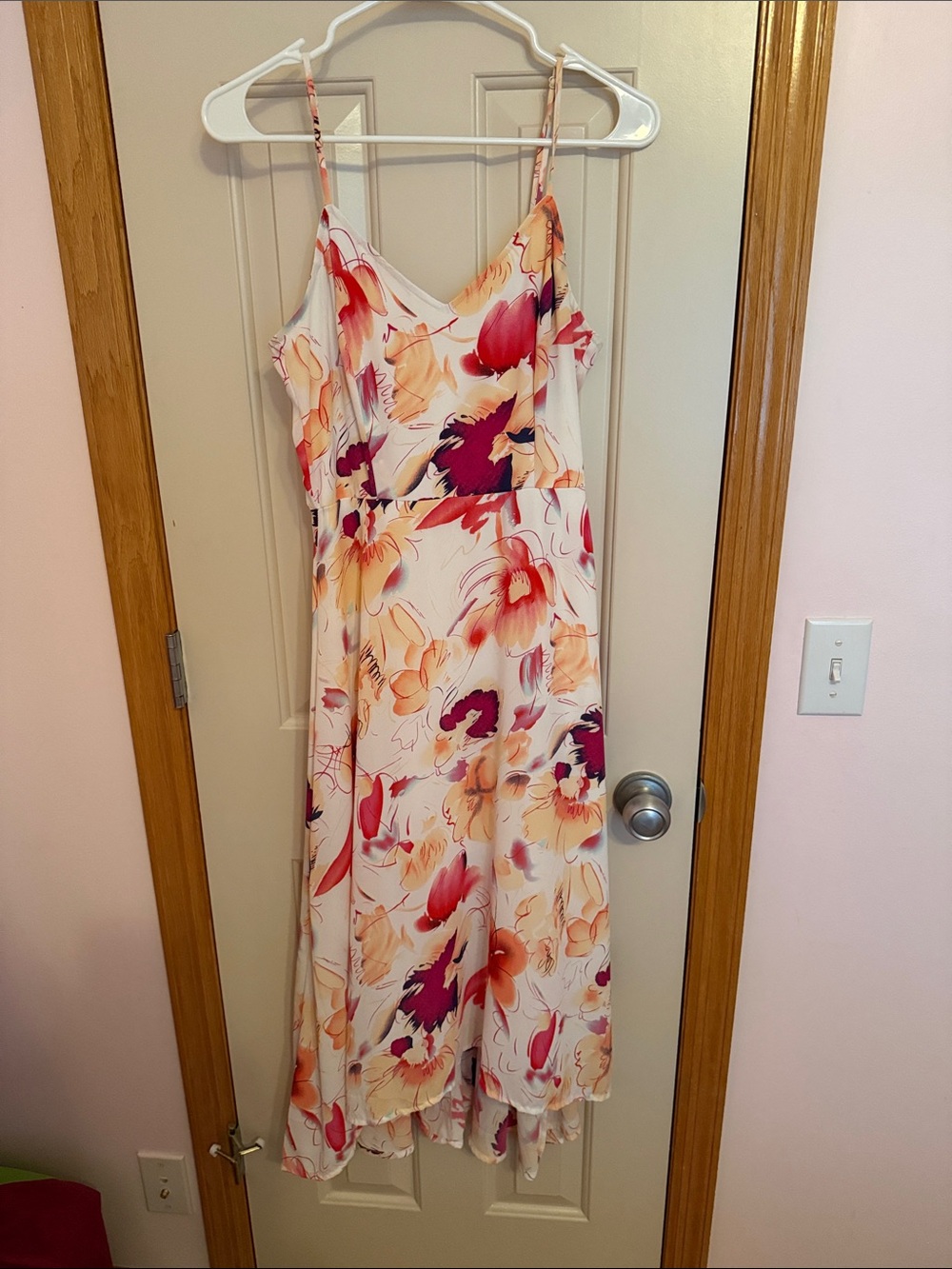 Floral High-Low Slip Dress in Cream with Pink & Orange Accents